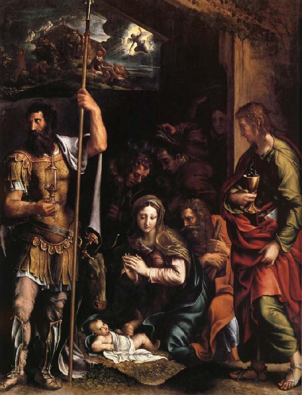  La nativite de l'enfant jesus avec l'adoration des bergers entre Saint Jean l'Evangeliste et Saint Longin